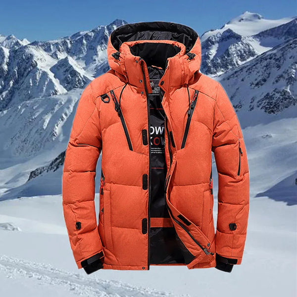 Winter-Daunenjacke für Herren, weißer Entenmantel, winddicht, warm, für Reisen und Camping, neu in dicker, einfarbiger Kapuzenjacke für Männer