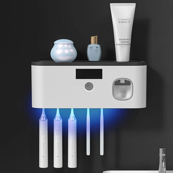 intelligent UV toothbrush sterilizer with automatic toothpaste dispenser - wall mounted, space saving, advanced UV sterilizatio